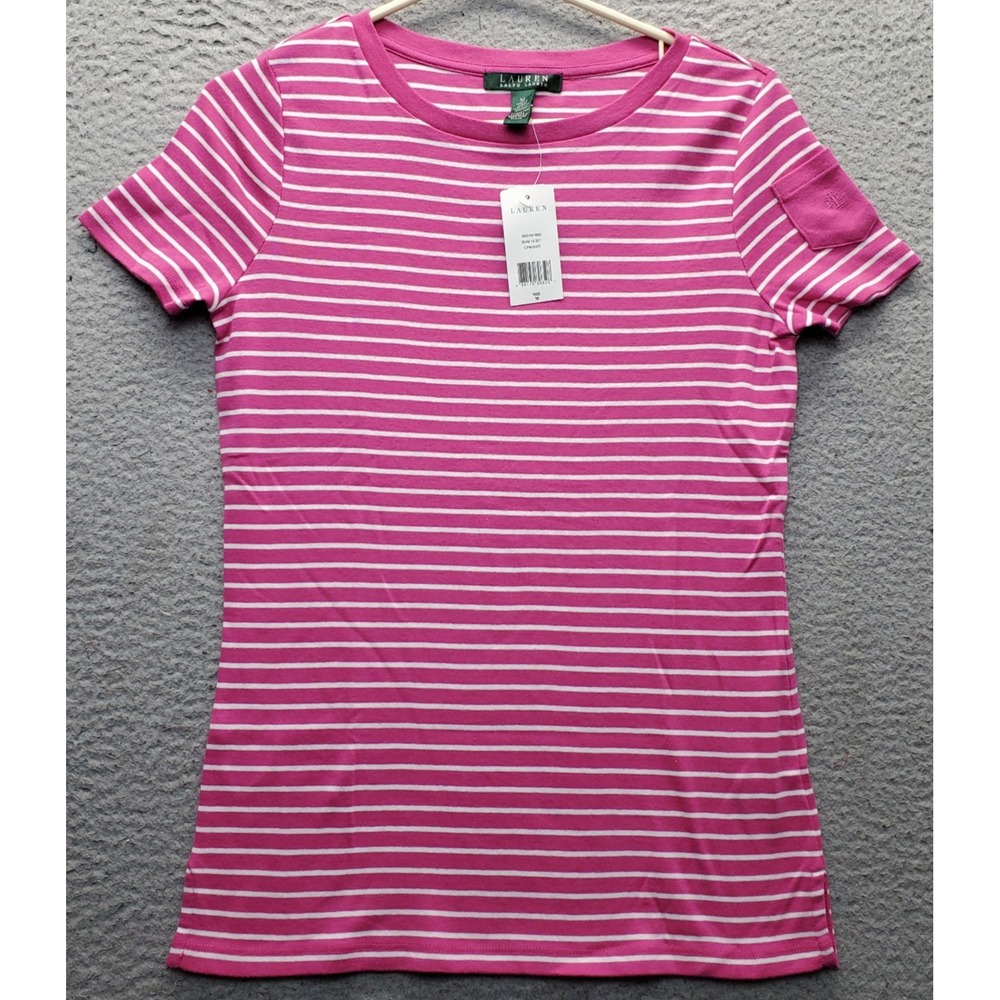 Lauren Ralph Lauren T-Shirt Womens Medium Multi Striped Short Sleeve Pocket Tee